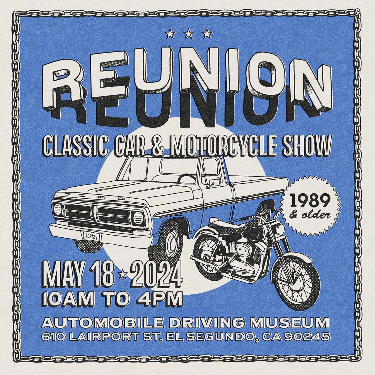 Reunion Classic Car & Motorcycle Show - May 18. 2024 from 10 am to 4 pm at the ZADM